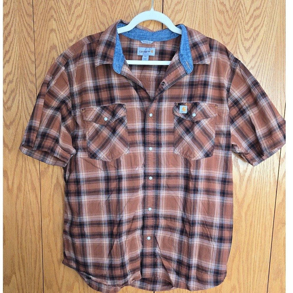 Carhartt Mens 2XL Relaxed Fit Plaid Short Sleeve Snap Button Work Shirt